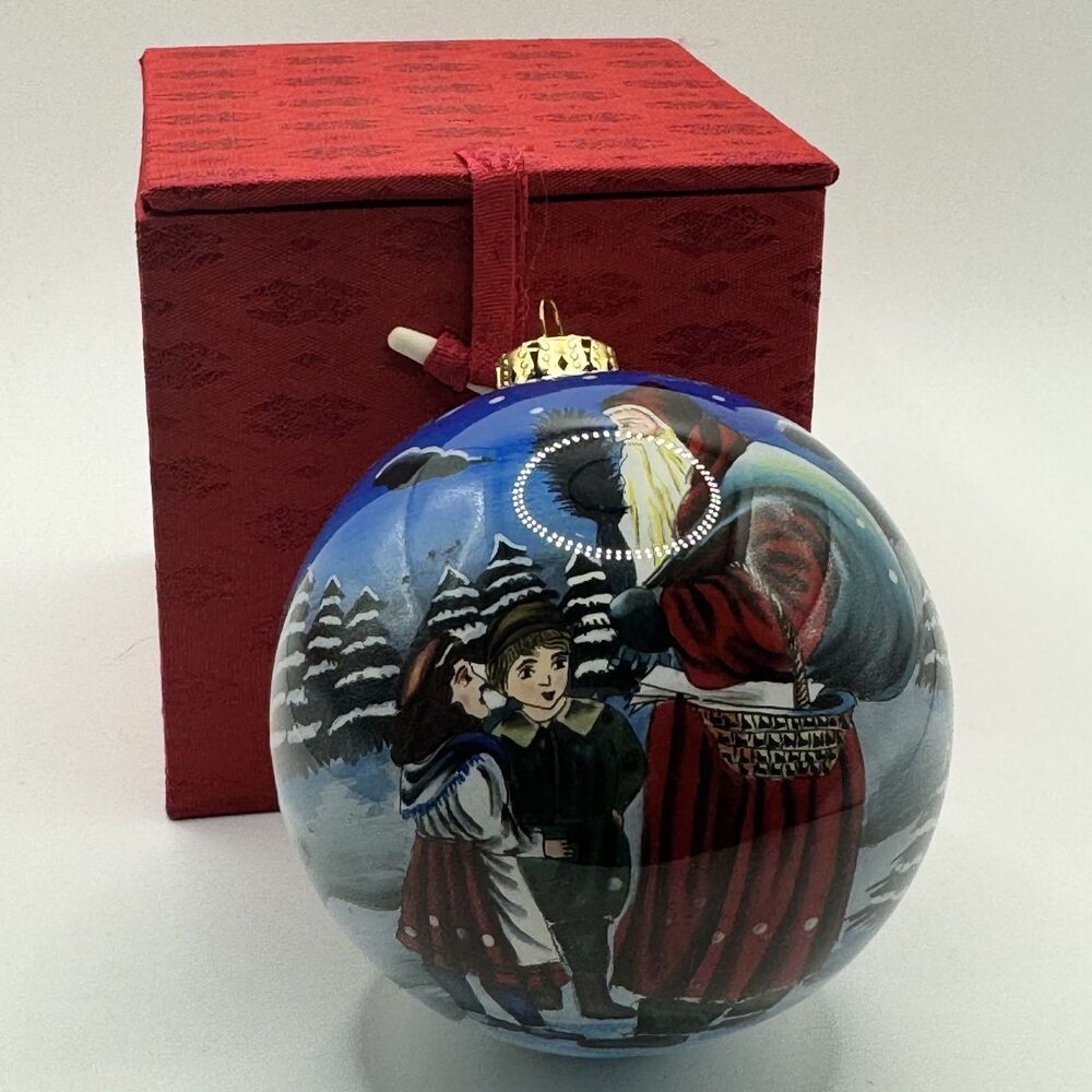 Vintage FIGI Inside Art Santa Children Snow Christmas Glass Ornament w Box